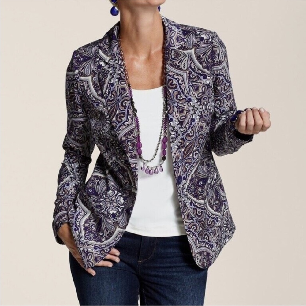 Chico’s Silky Blazer 0 Small 4/6 Blue Purple Print